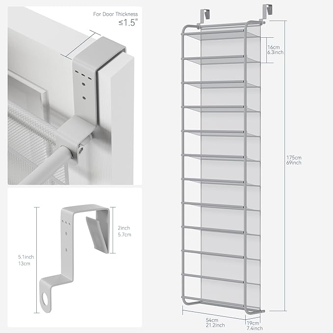 Whitmor 36 Pair Over The Door Shoe Organizer, 12 Tier Hanging Shoe Organizer, Heavy Duty Metal & Mesh Shoe Holder, Hanging Shoe Rack for Closet Organizer & Storage, 69"L x 21.7"W x 7.5"H, Grey
