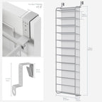 Whitmor 36 Pair Over The Door Shoe Organizer, 12 Tier Hanging Shoe Organizer, Heavy Duty Metal & Mesh Shoe Holder, Hanging Shoe Rack for Closet Organizer & Storage, 69"L x 21.7"W x 7.5"H, Grey
