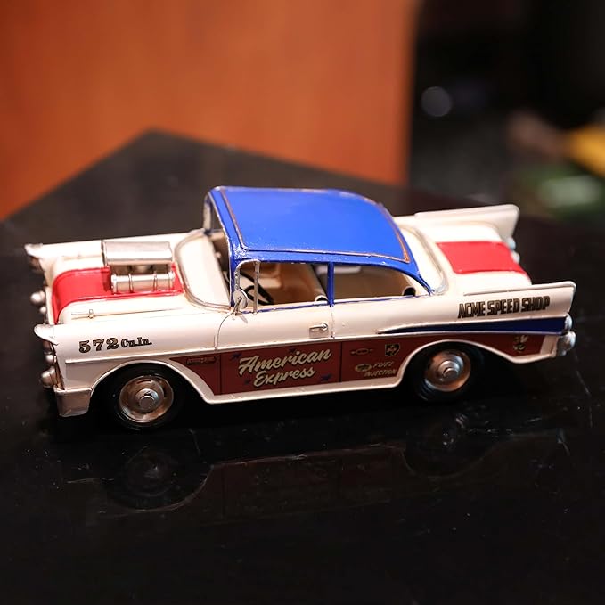 GENUINQ Vintage Classic Car Metal Model, 1950s Style Retro Racer Figurine with Raised Hood Scoop, Red White Blue Patriotic Livery, Man Cave Garage Decor & Collectible Gift
