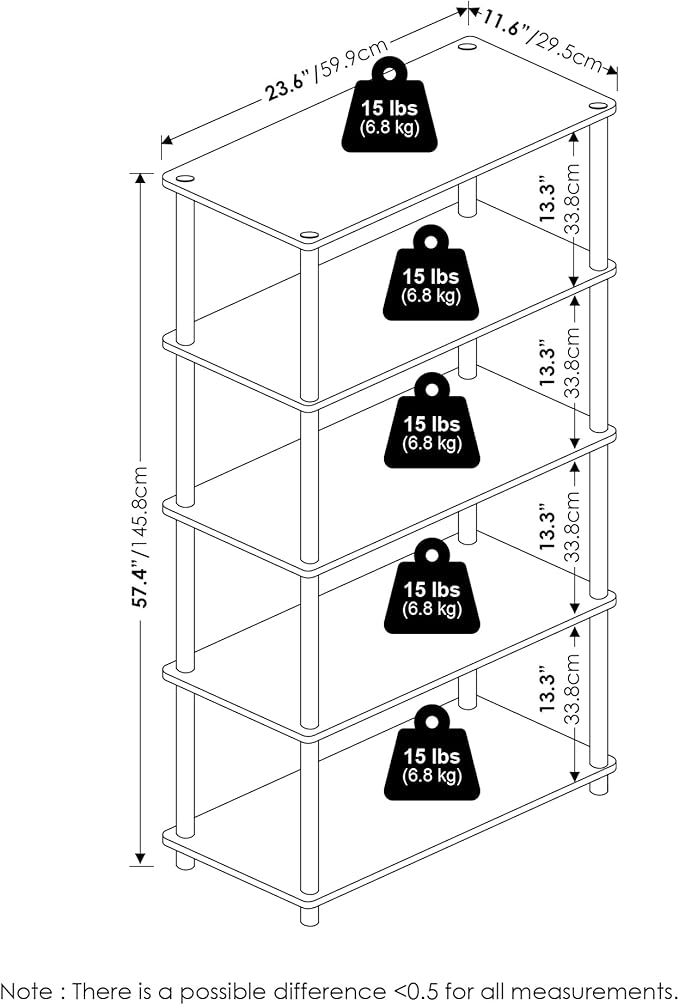 Furinno TURN-N-TUBE Storage Shelves, 5-Tier Book Shelf, Corner Shelf, Toolless Open Shelves, for Organization and Storage, Living Room, Garage, Home Office, Black