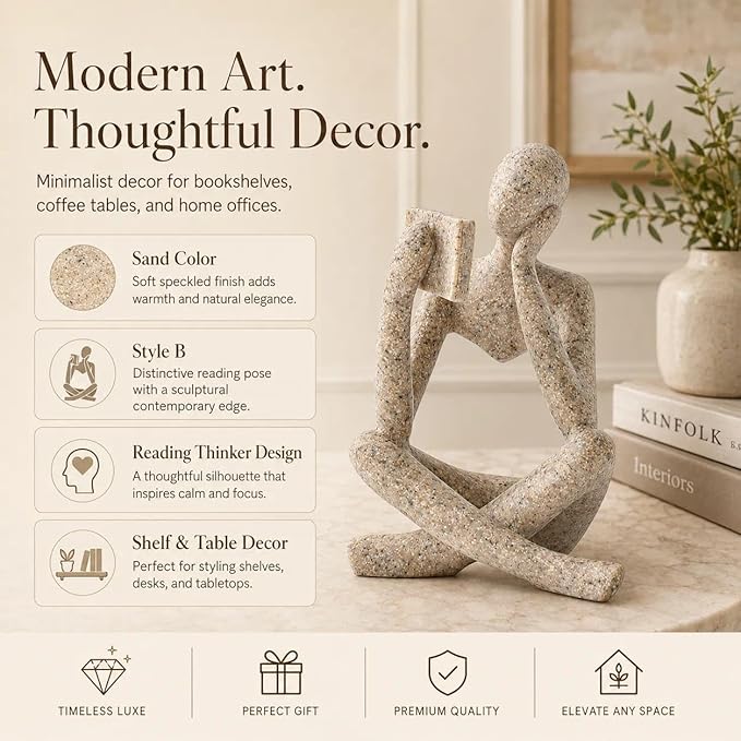 Bookshelf Decor Thinker Statue, Sand Abstract Reading Figurine Style B, Resin Decorative Bookend for Coffee Table, Shelf, Home Office, Library, Gift for Book Lovers