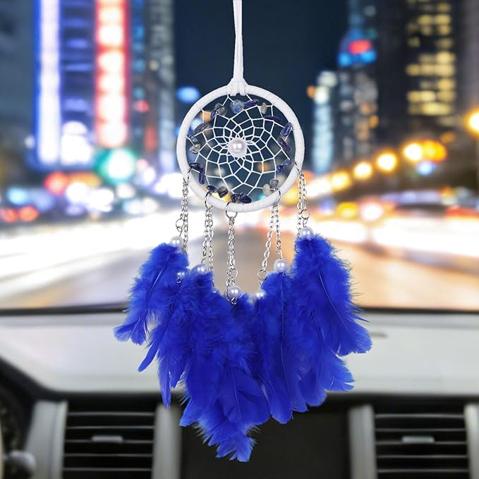 Pretty Jolly Crystal Stone Small Dream Catchers Blue Feathers Mini Dreamcatchers with Beads for Car Rear View Mirror Hanging Decoration Good Luck Travel Charm Little Bedroom Ornaments for Women Girls