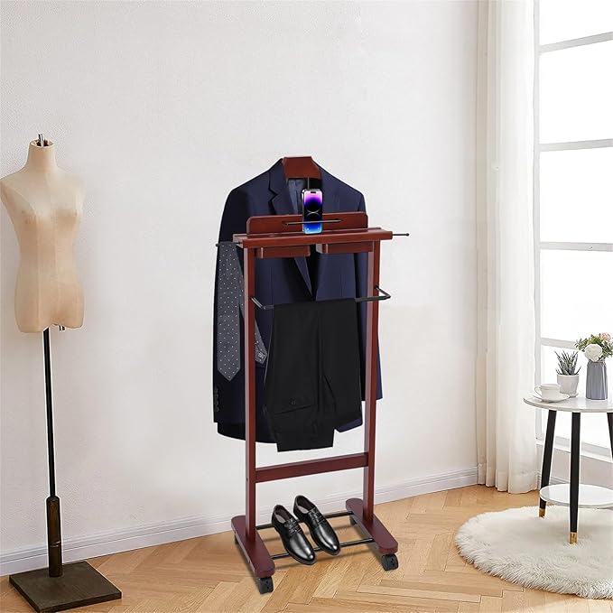 Freestanding Mens Valet Stand with Drawer, Rolling Suit Hanger Butler Clothes Rack with Base, for Office Living Room Bedroom