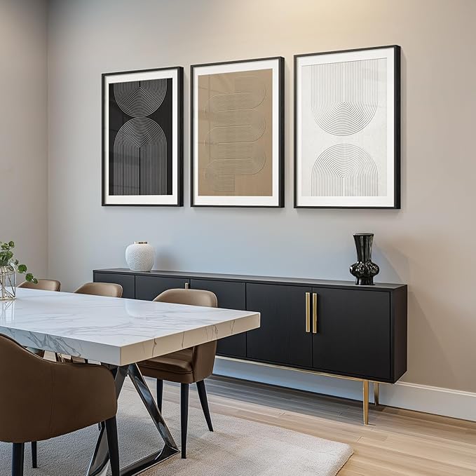 Large Framed Boho Neutral Abstract Wall Art, 3 Piece Modern Art Prints Paintings Artwork for Walls, Minimalist Black White Brown Geometric Pictures for Living Room, Dining Room, Bedroom Wall Decor