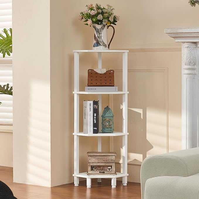 YUFAM 4-Tier Corner Shelf with Sturdy 5-Leg Base, Wooden Corner Bookshelf for Small Spaces, Corner Standing Shelf for Living Room, Bedroom, Office, White