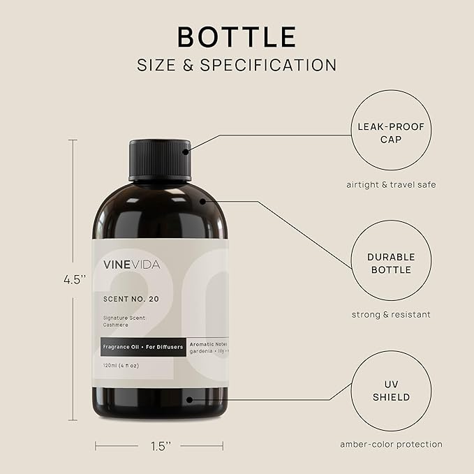 VINEVIDA [4 oz] Cashmere Hotel Fragrance Diffuser Oil - Cold Air Diffuser Refill for Home Scent Collection