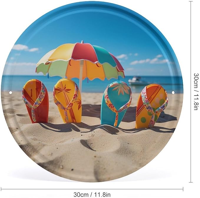 Wall Picture, with Colorful Flip Flops Beach Ball Printed Circular Iron Hanging Picture,Wall Art Decor,Home for Bedroom Living Room Bathroom Decor,Iron Painting 11.8X11.8 in