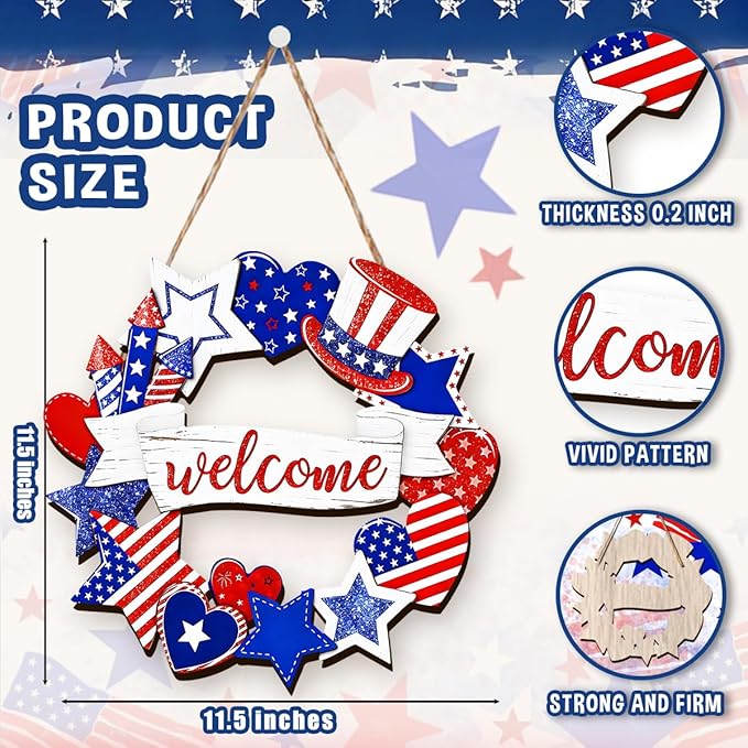 Wooden 4th of July Decorations Patriotic Wreath Independence Day Decorations Front Door with Star Sign Welcome Memorial Day Hanging for Home Wall Decor Outdoor Indoor Red White and Blue Wreath