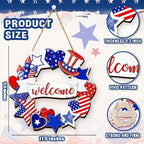 Wooden 4th of July Decorations Patriotic Wreath Independence Day Decorations Front Door with Star Sign Welcome Memorial Day Hanging for Home Wall Decor Outdoor Indoor Red White and Blue Wreath