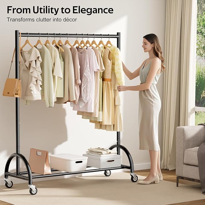 MISSLO Heavy Duty Clothing Rack with Wheels Rolling Clothes Racks for Hanging Clothes, Coats, Garment, Dress, Black