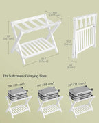 SONGMICS Solid Wood Luggage Racks, Set of 2, No Assembly Required, Foldable Suitcase Stand, Luggage Holder, with Storage Shelf, for Guest Room, Hotel, Bedroom, Cloud White URLR021W01