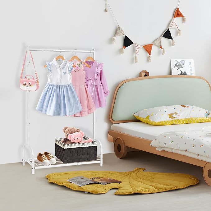 Kids Clothing Rack, Small Clothes Shelf with Metal Storage Shelf, Kids Dress Up Storage Rack, (White)