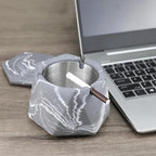 FREELOVE Concrete Ashtray with Lid & Stainless Steel Ashtrays for Cigarettes, Cement Ash Tray Smoking Holder Indoor Smokeless Outdoor Windproof Patio Home Office Cool Decor(Grey-White, Large)