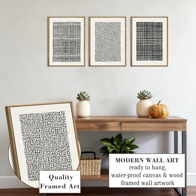 BINCUE Abstract Geometric Line Wall Art Minimalist Artwork Modern Neutral Wall Decor Framed Black Wall Artwork Black Abstract Art Prints Neutral Paintings for Living Room Bedroom Office Bathroom 12" Lx16 W Set of 3