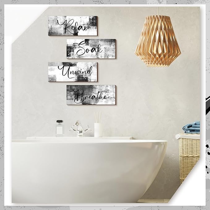 Maitys 4 Pcs Bathroom Wall Decor 10 x 4 Inch Bathroom Wall Art Contemporary Wood Restroom Pictures for Soak Unwind Relax Hanging Sign Spa Rustic Vintage Farmhouse Pediments(Black and White)