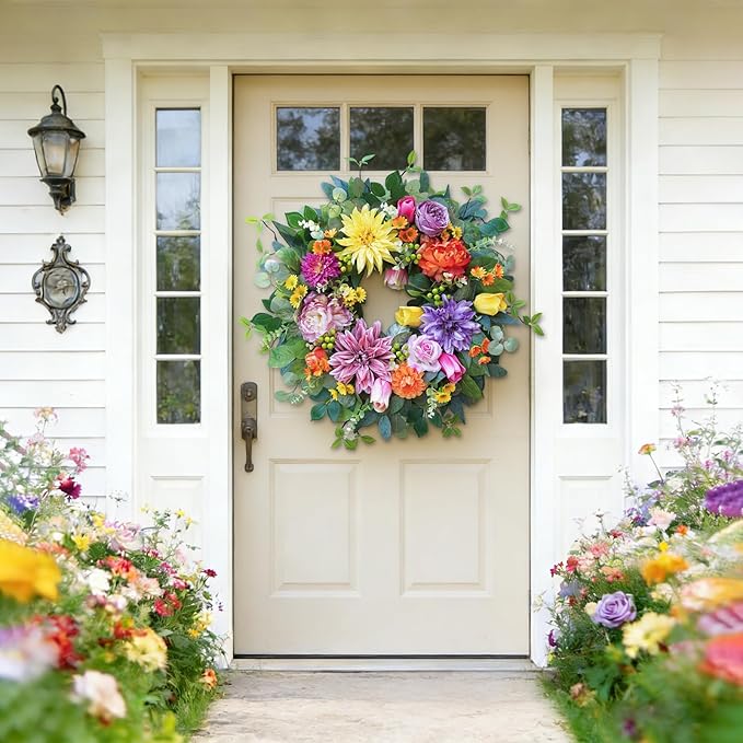 24 Inch Spring Summer Wreaths for Front Door Outside, Luxury Colorful Seasonal Floral Wreath with Chrysanthemums Roses Tulips & Berries, Faux Spring Summer Door Wreath for Outdoor Home Decor
