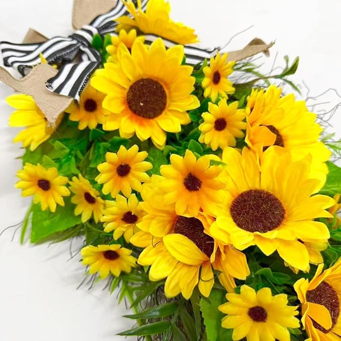 23.6inch Artificial Sunflower Swag for Front Door Faux Sunflower Teardrop Swags Wreath with Linen Bow Spring Summer Floral Swag for Farmhouse Wall Window Cabinet Decor
