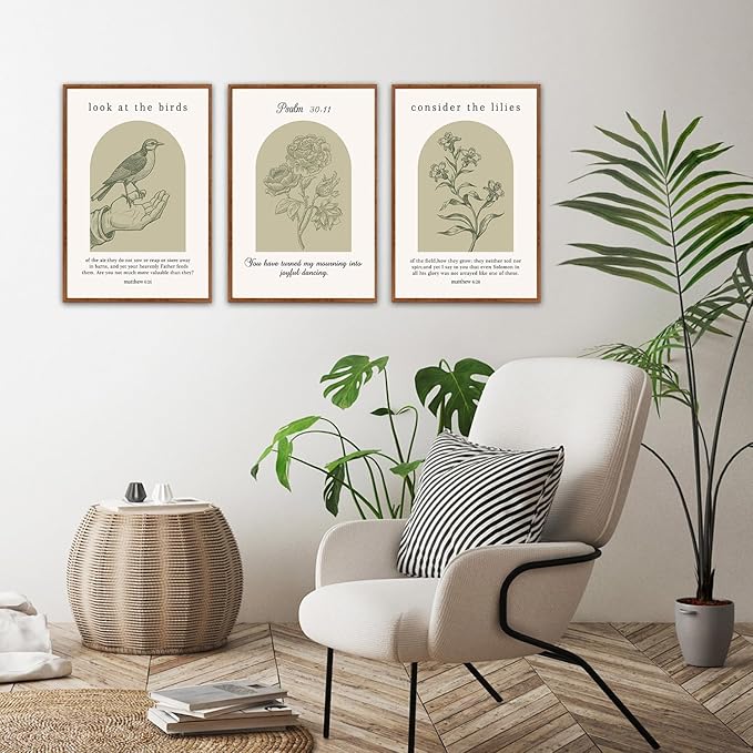 KAlRNE Sage Green Christian Wall Art Set of 3(16”X24”),Vintage Bible Verse Wall Decor,Modern Religious Birds Framed Canvas Paintings,Scripture Lilies Art Prints For Living Room Bedroom Office Church