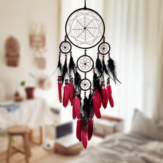 Red and Black Dream Catcher Large Dream Catchers Wall Decor Handmade Feather Dreamcatcher Wall Hanging Ornament for Bedroom Living Room Home Decor