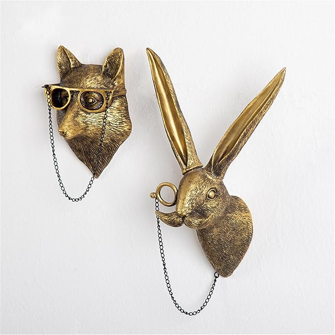 GUASDIE Animal Heads Wall Decor, Faux Deer Head Mount, Animal Sculptures Wall Decor, Resin Animal Head Wall Hanging Decoration for Living Room Bedroom Kitchen Gift,Fox