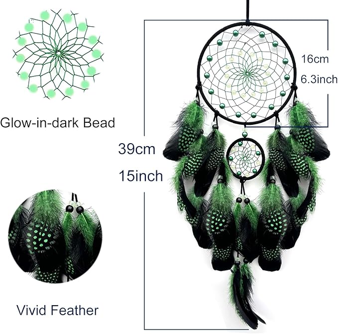 Green and Black Dream Catcher Wall Decor Feather Dream Catchers with Luminous Bead Handmade Dreamcatcher Wall Hanging Ornament for Bedroom Living Room Home Decor