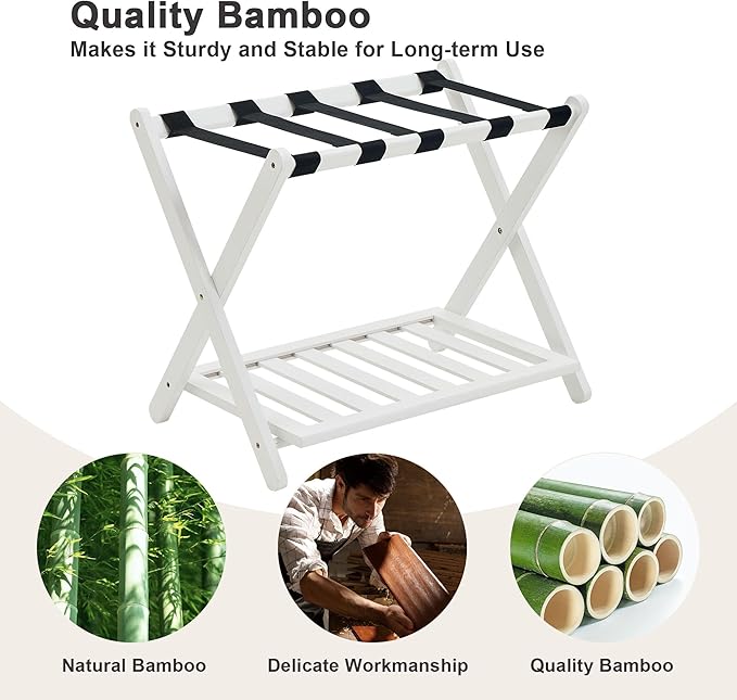 Fully Assembled Luggage Racks Pack of 2, Upgraded Bamboo Foldable Suitcase Stand with 5 Nylon Straps, 26.77" Thickened Luggage Stand Holder with Shelf for Guest Room Bedroom Hotel, White
