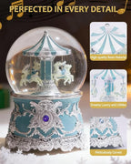 Reindeer Carousel Snow Globe Music Box - Wind Up Musical Christmas Valentines Day Ornament with Silver Blue Design, Romantic Indoor Christmas Decorations, Festive Gift for Couples, Kids & Adults