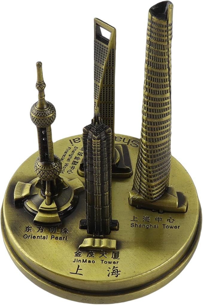 Shanghai Building Collection Model Set, Oriental Pearl Tower and Jin Mao Financial Center Souvenir, Electroplated Bronze Gold Metal Architecture Miniatures for Office Home Decor (Bronze-Small)