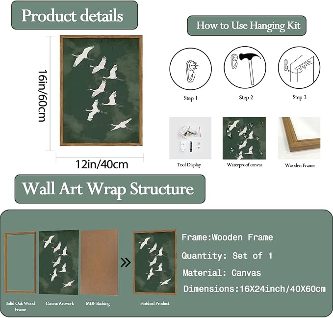 Framed Japanese Flying Cranes Wall Art, Vintage Bird Pictures Wall Decor Paintings, Rustic Nature Animal Canvas Prints Minimalist Home Decor for Living Room Bedroom Office Zen 12x16 inch