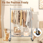 EAGMAK Heavy Duty Clothes Rack Load 420 LBS, Rolling Garment Rack with Lockable Wheels, Standing Metal Clothing Rack with Shelves, Portable Wardrobe Sturdy Coat Rack for Hanging Clothes (Silver)