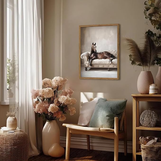 Framed Funny Horse Canvas Wall Art, Vintage Western Brown Horse On Sofa Pictures Wall Decor, Rustic Farmhouse Animal Paintings Prints for Living Room Bedroom Office Dorm 12x16 inch