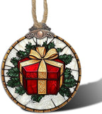 Stained Glass Christmas Decorations, Red Gift Gold Ribbon Suncatcher for Window Christmas Tree Hanging Ornaments Retro White Sun Catcher Xmas Decor Gifts for Women Men Mom Nana Friend