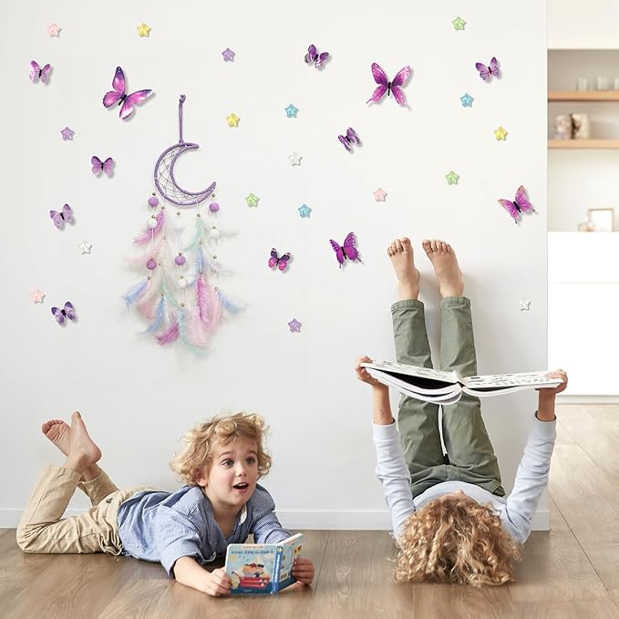 Dream Catcher Wall Hanging, Purple Boho Dreamcatcher Set with 12 Butterflies & 18 Stars - Peel and Stick Wall Decals for Bedroom, Girl's Room Decor, Birthday