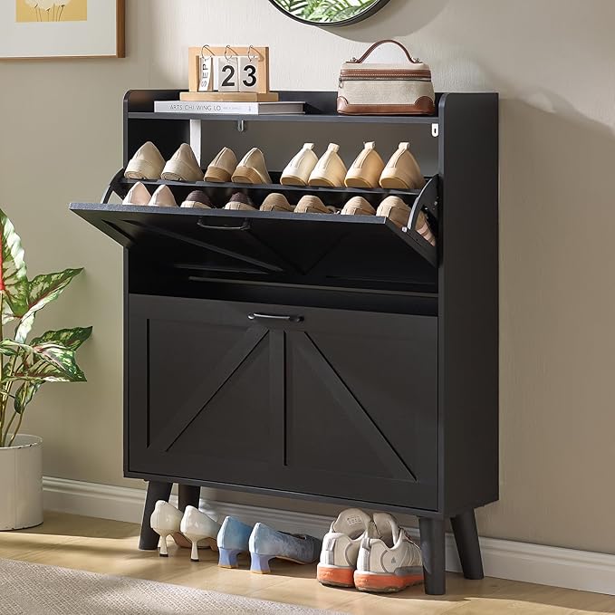 LEYAOYAO Shoe Storage Cabinet with 2 Flip Drawers，Narrow Shoe Storage Cabinet Organizer with Legs for Entryway Hallway, Living Room, Bedroom，Hidden Slim Storage Narrow Shoe Rack Cabinet,Black