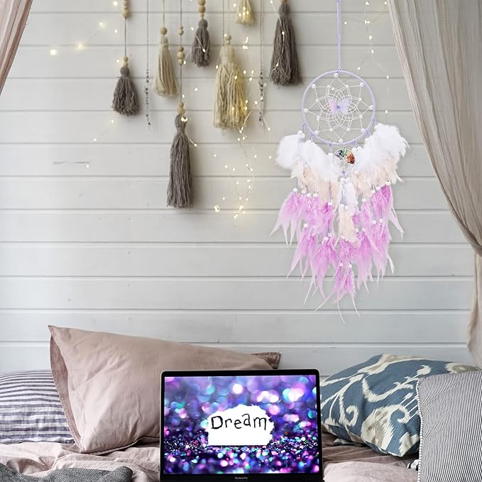 Dreamlike Butterfly Tree of Life Dream Catcher Wall Decor Purple Dream Catcher with Crystal Stone Handmade Feather Dreamcatchers Home Decor Wall Hanging for Girls Bedroom Wedding Craft Gift-29.5"