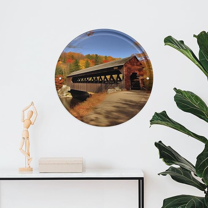 Wall Picture, with Albany Covered Bridge Printed Circular Iron Hanging Picture,Wall Art Decor,Home for Bedroom Living Room Bathroom Decor,Iron Painting 11.8X11.8 in