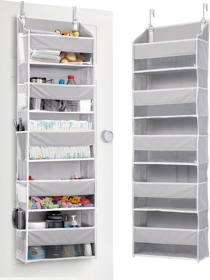 ULG 1 Pack Over Door Organizer with 5 Large Pockets 10 Mesh Side Pockets, 44 lbs Weight Capacity Hanging Storage Organizer with Clear Window for Kids Toys, Shoes, Diapers, Grey, 5 Layer