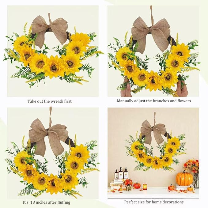18 Inch Sunflower Wreath for Front Door, Artificial Spring Wreath with Bright Sunflowers and Bow for All Seasons Indoor Outdoor Wall Window Office Farmhouse Entryway Decor