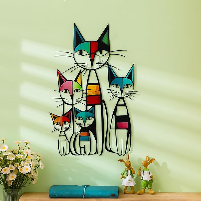 Wesiti Cat Wall Art Decor Metal Cat Wall Sculptures Room Decor for Cats Lover 10.6 x 15.7 Inches Colorful Mid Century Retro Wall Art for Home Living Room Bedroom Kitchen Office