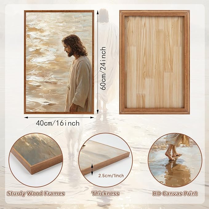 KAlRNE Jesus and the Lost Sheep Wall Art Set of 3(16’’X24’’),Framed Christian Canvas Prints,Neutral Watercolor Jesus Walking on Water Religious Decor for Living Room Bedroom