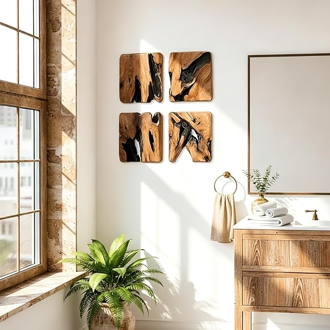 WELLAND 4 Pieces of Handmade Wall Sculptures, Rustic Abstract Wall Decor for Living Room, Bedroom, Bathroom, Dining Room, Home Office