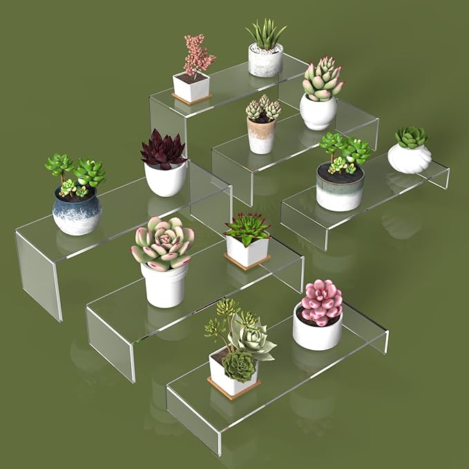 6 PCs Risers Display Stands 3 Tiers Desktop Acrylic Shelves Cake Dessert Holder Products Stand for Collectibles Shoes Jewels Pop Figure (Clear12inch)