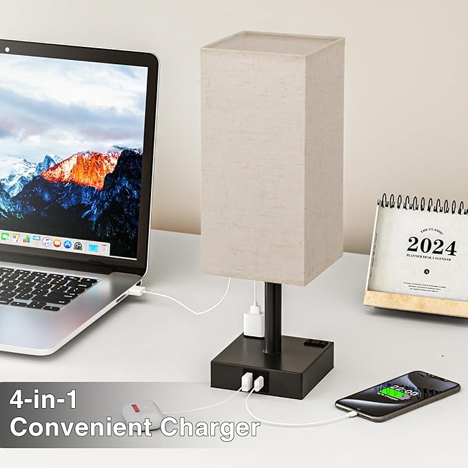 Touch Bedside Table Lamp For Nightstand - 3-Way Dimmable Night Lamp with USB A + Type C Charging Ports and two AC Outlets, Small Desk Light with E26 LED Bulb for Bedroom Living Room Dorm, BEIGE