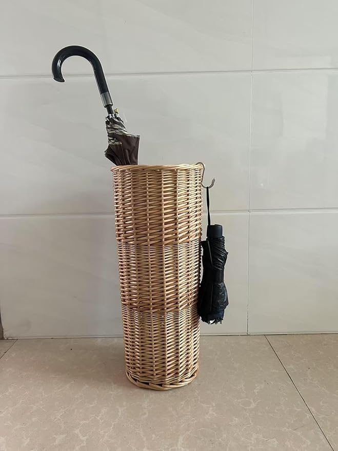 Natural Rattan Umbrella Stand for Entryway, 21.2H x 9.4L x 9.4W, Detachable Drip Tray & 2 Metal Hooks – Storage for Umbrellas, Canes & Walking Sticks, Stylish Home Decor