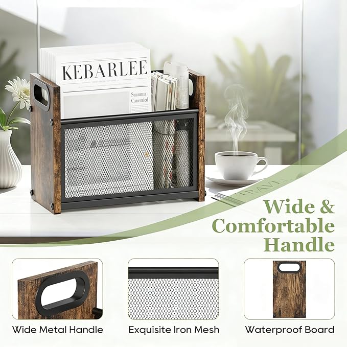 Magazine Rack & Holder, Mesh Magazine Rack Floor, Multi-Purpose Storage Organizer for Magazines, Books, Newspapers, Mail, Tablets | Magazines Storage Basket for Home, Office, Bathroom, Vintage Brown