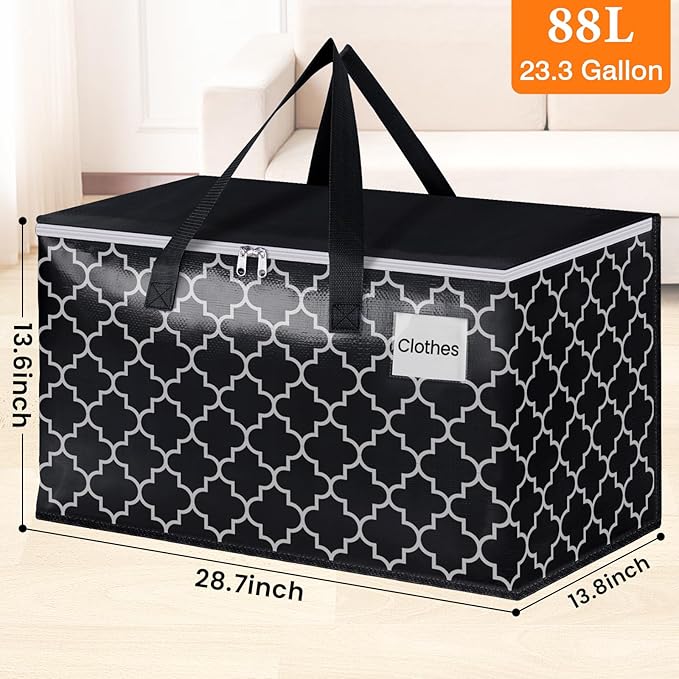 HomeHacks Heavy Duty Moving Bags with Tag Pockets, Collapsible Storage Totes for Moving, Camping & Travel -Foldable Packing Boxes, Zipper Handles, Black（8 Packs, 88L）