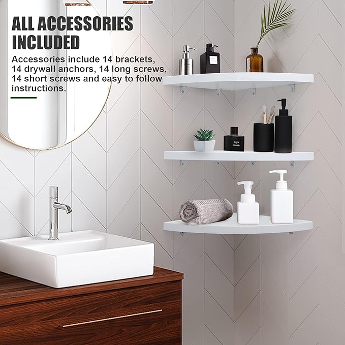 Marsmiles Floating Shelves Set of 3 | Wall Shelves | Wall Mounted Storage Display Shelving for Bathroom, Bedroom, Living Room, Kitchen | 12-4/5" D x 12-4/5" W | Fan-Shaped, Simply White