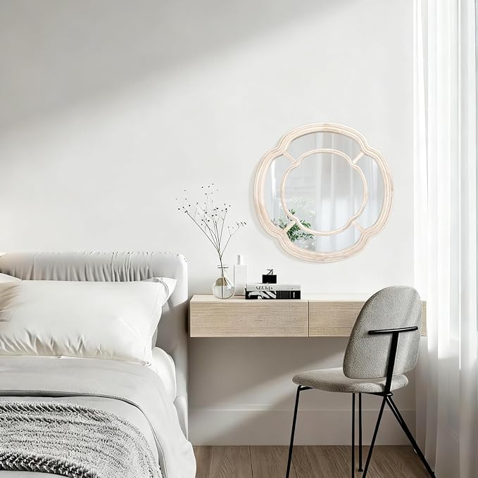 White Irregular Mirror, Wall Mounted Wavy Circle Mirror Wood Frame Round Hanging Decorative Mirros for Entryway Living Room Vanity and Bedroom, 20 Inch Home Decor