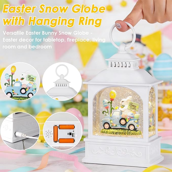 Easter Truck Snow Globe, 6H Timer Easter Snow Globe Glitter Bunny Spring Decor Easter Decorations (Bunny Truck)