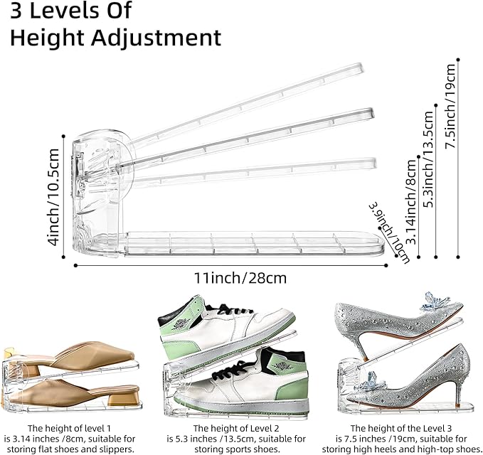 Shoe Slots Organizer,Elephant Shoe Rack Stable and Thick,Clear Shoe Stacker with 3 Adjustable Level for Sneakers Display (Transparent - Silver, 12Pack)